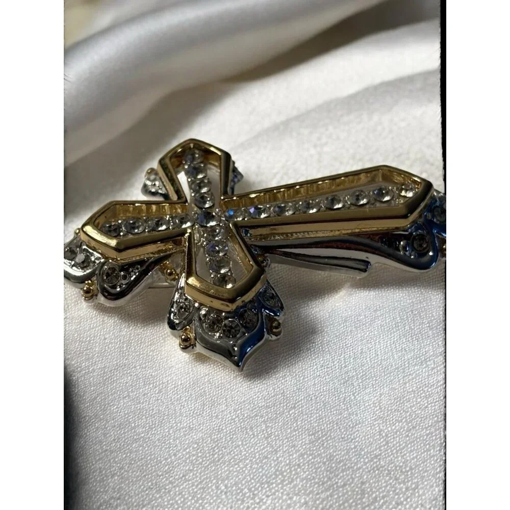 Napier Cross Brooch Pin Gold & Silver Tone Clear Rhinestones Open Work Religious